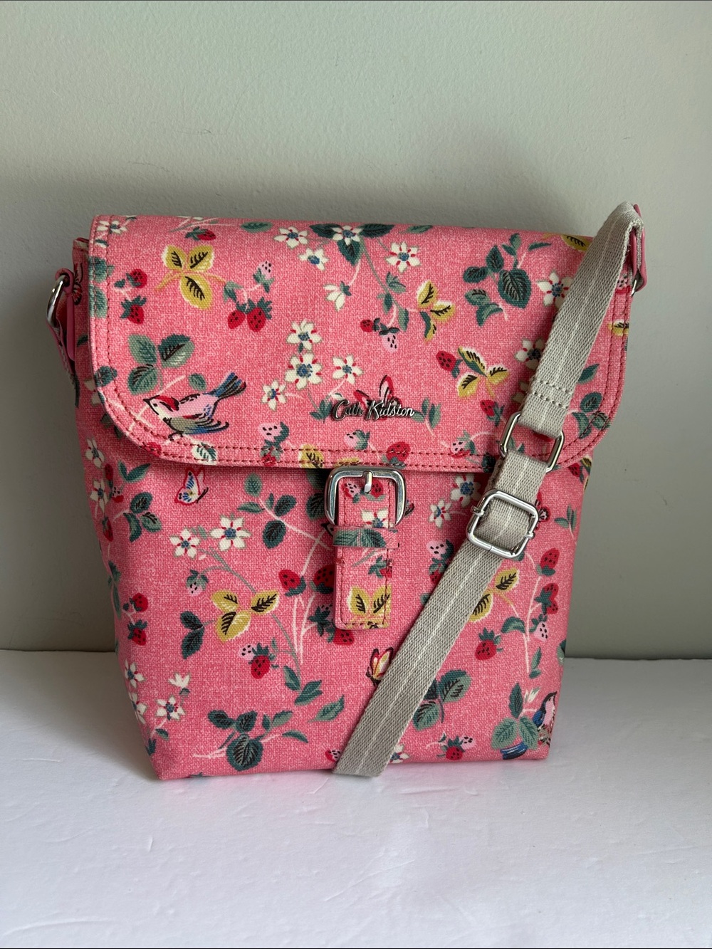 Cath Kidston Coral Pink Floral & Strawberry Oilcloth Crossbody Bag
